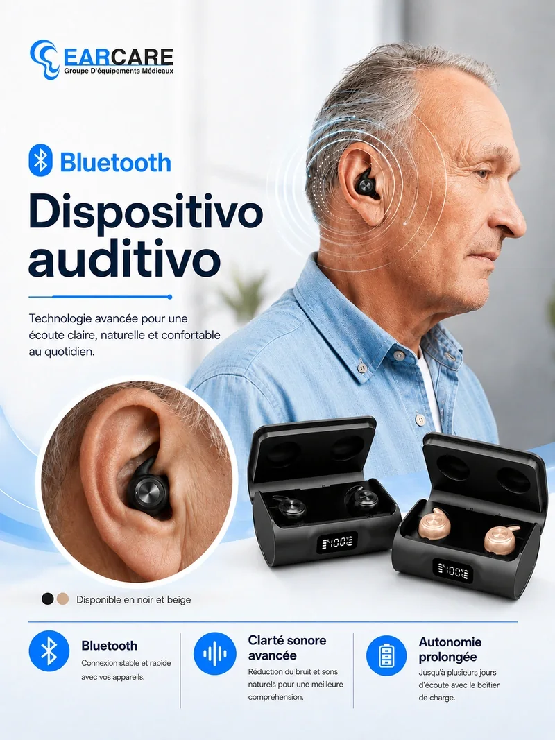 Hombre mayor usando dispositivo auditivo Bluetooth Earcare